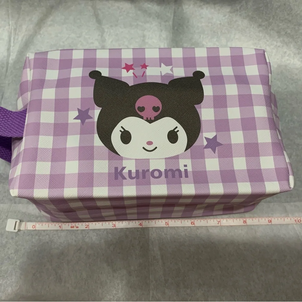 Kuromi Purple and White Gingham Check Zip Make Up Bag Pouch with Side Handle